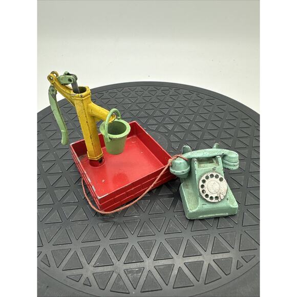 Vtg Children’s Blue Metal Toy Rotary Telephone And Metal Water Well Pump - Picture 1 of 8